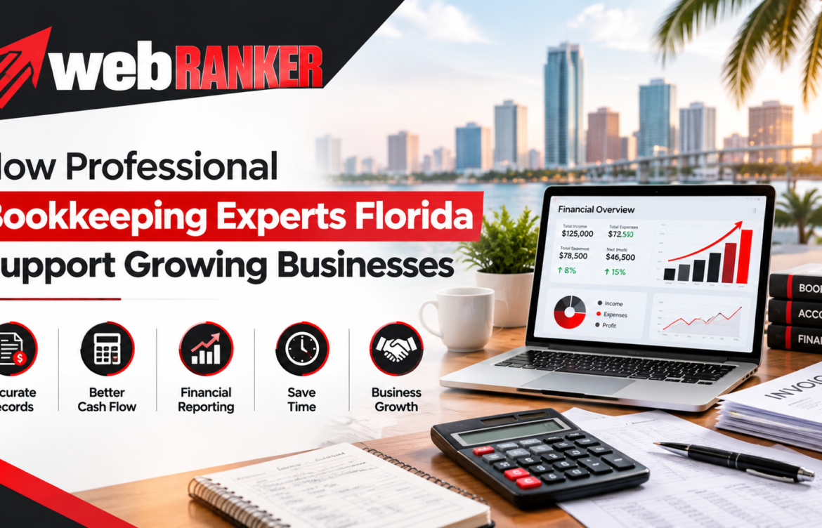 Banner for WebRanker advertising professional bookkeeping in Florida with laptop dashboards and city skyline in the background.