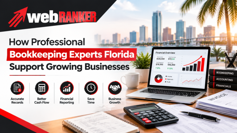Banner for WebRanker advertising professional bookkeeping in Florida with laptop dashboards and city skyline in the background.