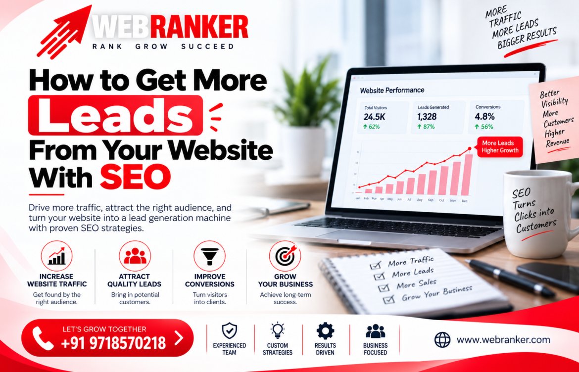Banner promoting how to get more leads from your website with SEO, WebRanker branding and a laptop dashboard image.