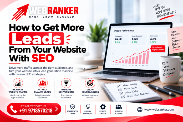 Banner promoting how to get more leads from your website with SEO, WebRanker branding and a laptop dashboard image.