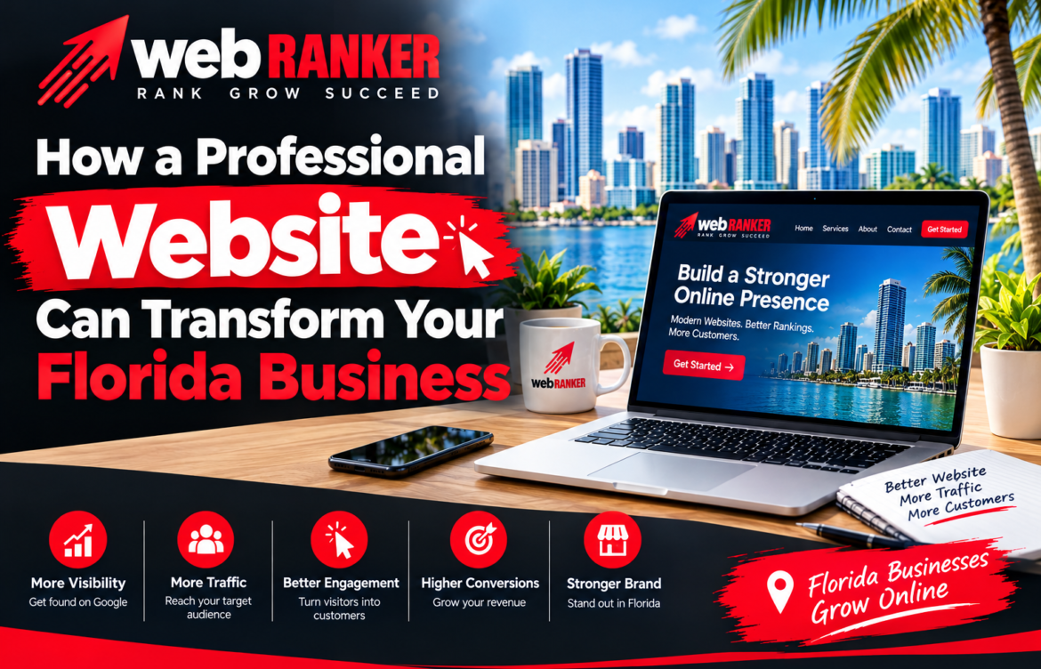WebRanker promotional banner: 'How a Professional Website Can Transform Your Florida Business' with city skyline, laptop, mug, and tropical backdrop.