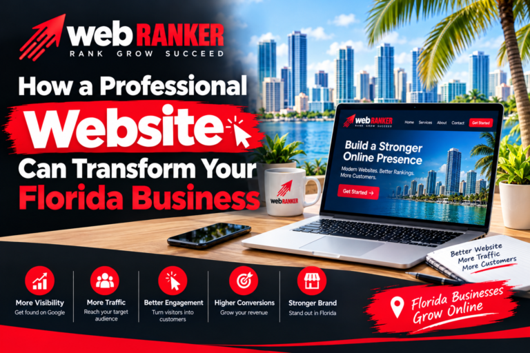 WebRanker promotional banner: 'How a Professional Website Can Transform Your Florida Business' with city skyline, laptop, mug, and tropical backdrop.