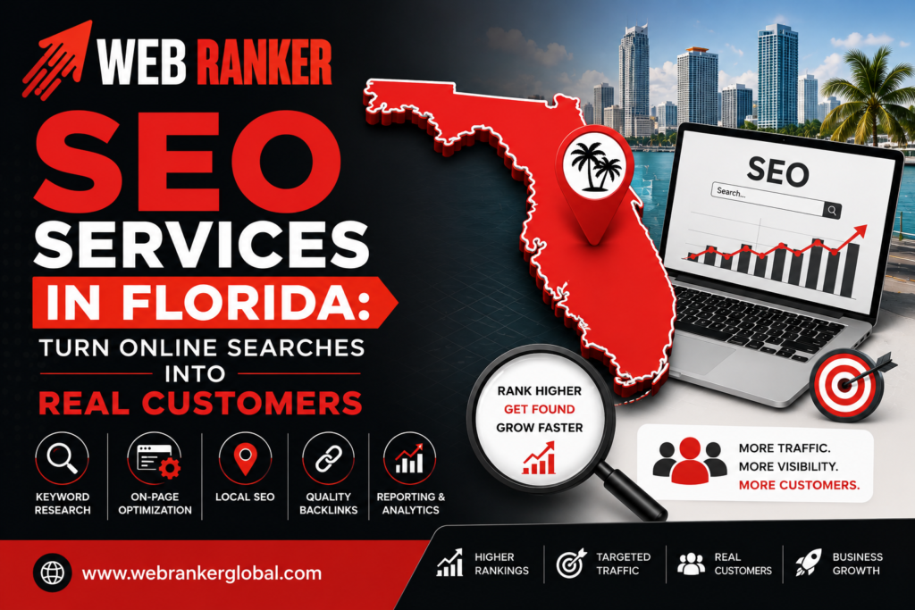 Marketing banner for WebRanker SEO services in Florida, featuring a red Florida map, laptop with SEO chart, and 'Real Customers' tagline.