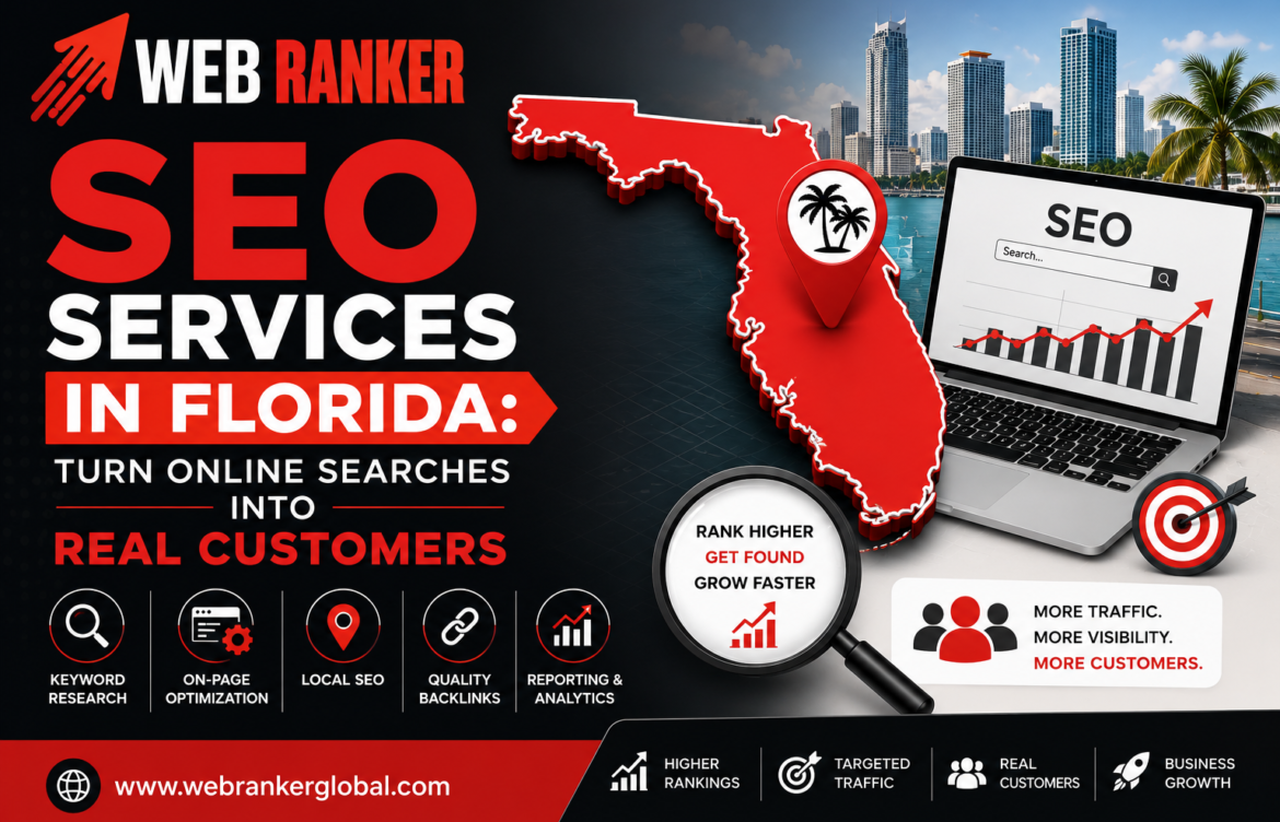 Marketing banner for WebRanker SEO services in Florida, featuring a red Florida map, laptop with SEO chart, and 'Real Customers' tagline.