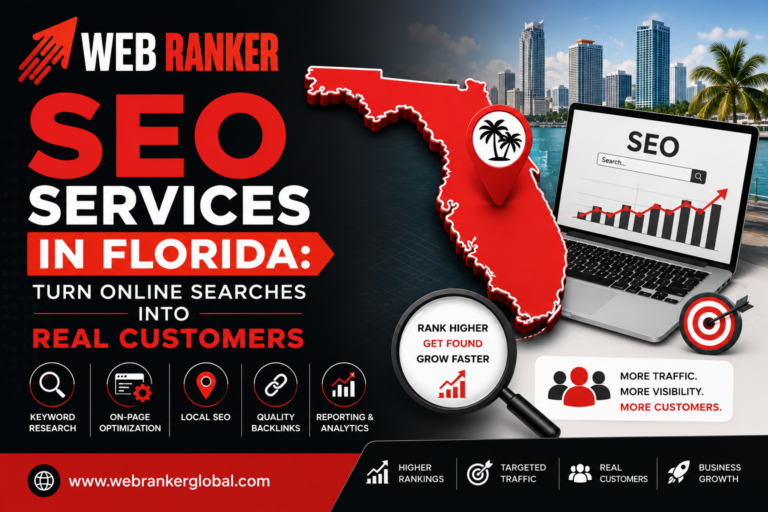 Marketing banner for WebRanker SEO services in Florida, featuring a red Florida map, laptop with SEO chart, and 'Real Customers' tagline.