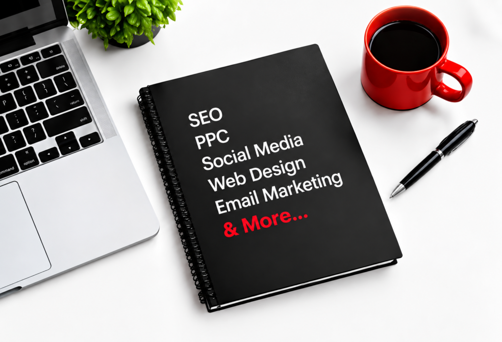 Notebook on a white desk listing marketing services: SEO, PPC, Social Media, Web Design, Email Marketing, & More...