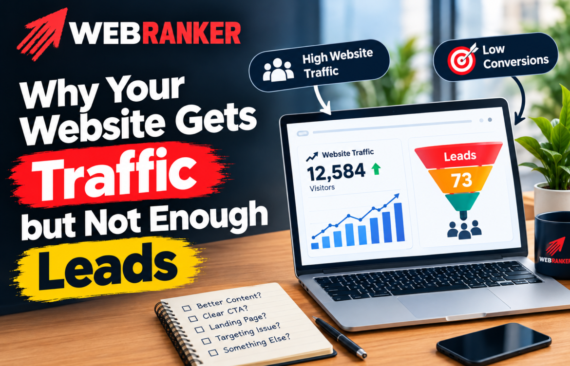 WebRanker banner: 'Why Your Website Gets Traffic but Not Enough Leads' with a laptop showing traffic charts on a desk.