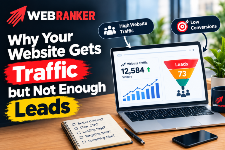 WebRanker banner: 'Why Your Website Gets Traffic but Not Enough Leads' with a laptop showing traffic charts on a desk.
