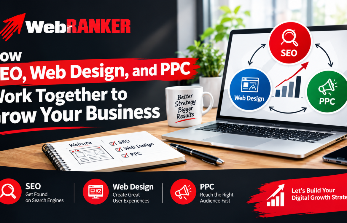 WebANKER banner showing how SEO, Web Design, and PPC work together to grow your business, with a laptop displaying an SEO diagram on the right and a notebook on the desk on the left.