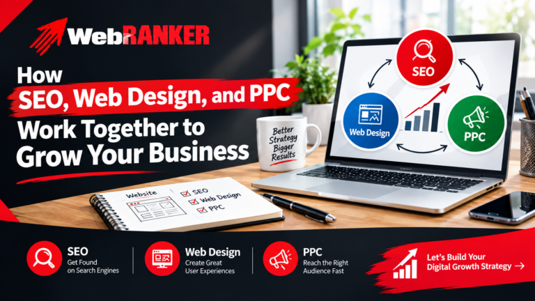 WebANKER banner showing how SEO, Web Design, and PPC work together to grow your business, with a laptop displaying an SEO diagram on the right and a notebook on the desk on the left.