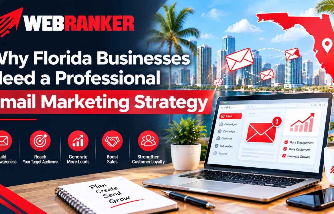 WebRanker banner featuring the headline 'Why Florida Businesses Need a Professional Email Marketing Strategy' over a tropical cityscape with a laptop inbox display. Icons and a five-point benefits row are visible in the foreground.