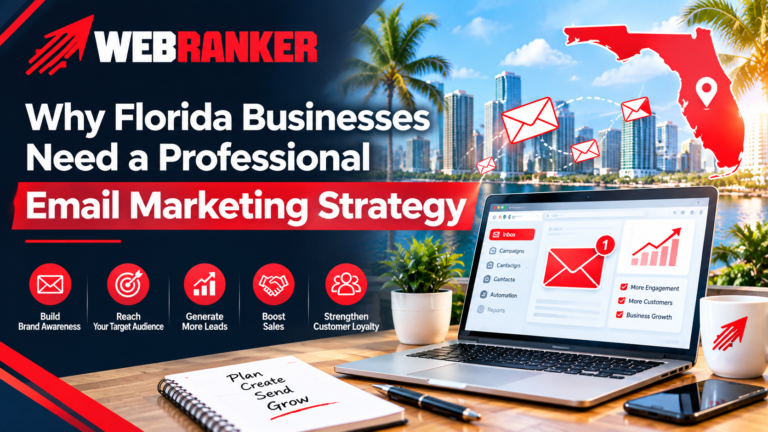 WebRanker banner featuring the headline 'Why Florida Businesses Need a Professional Email Marketing Strategy' over a tropical cityscape with a laptop inbox display. Icons and a five-point benefits row are visible in the foreground.