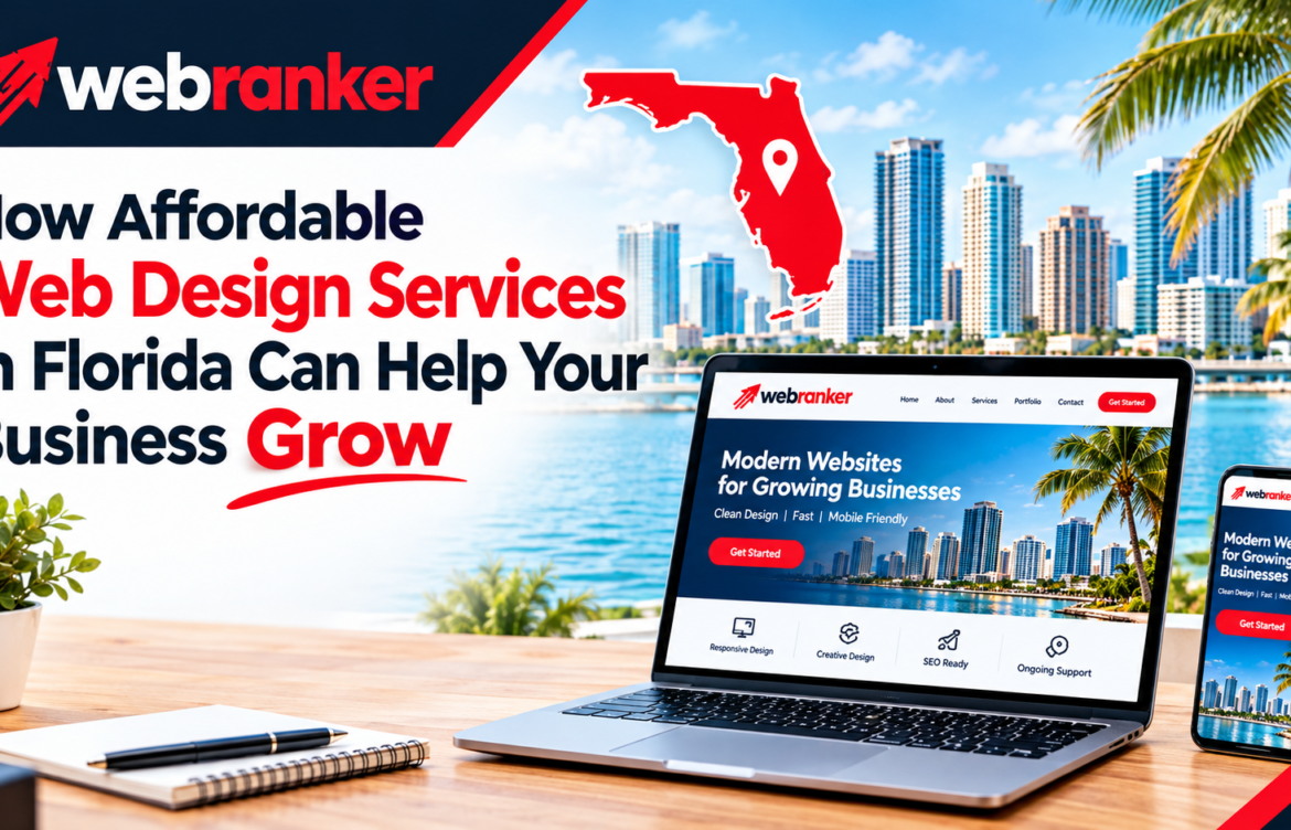 Banner for Webranker promoting Florida web design services; Florida map pin over skyline with a laptop and a smartphone showing a sample site against a tropical backdrop.