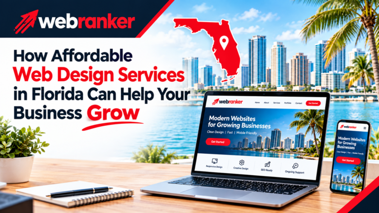 Banner for Webranker promoting Florida web design services; Florida map pin over skyline with a laptop and a smartphone showing a sample site against a tropical backdrop.