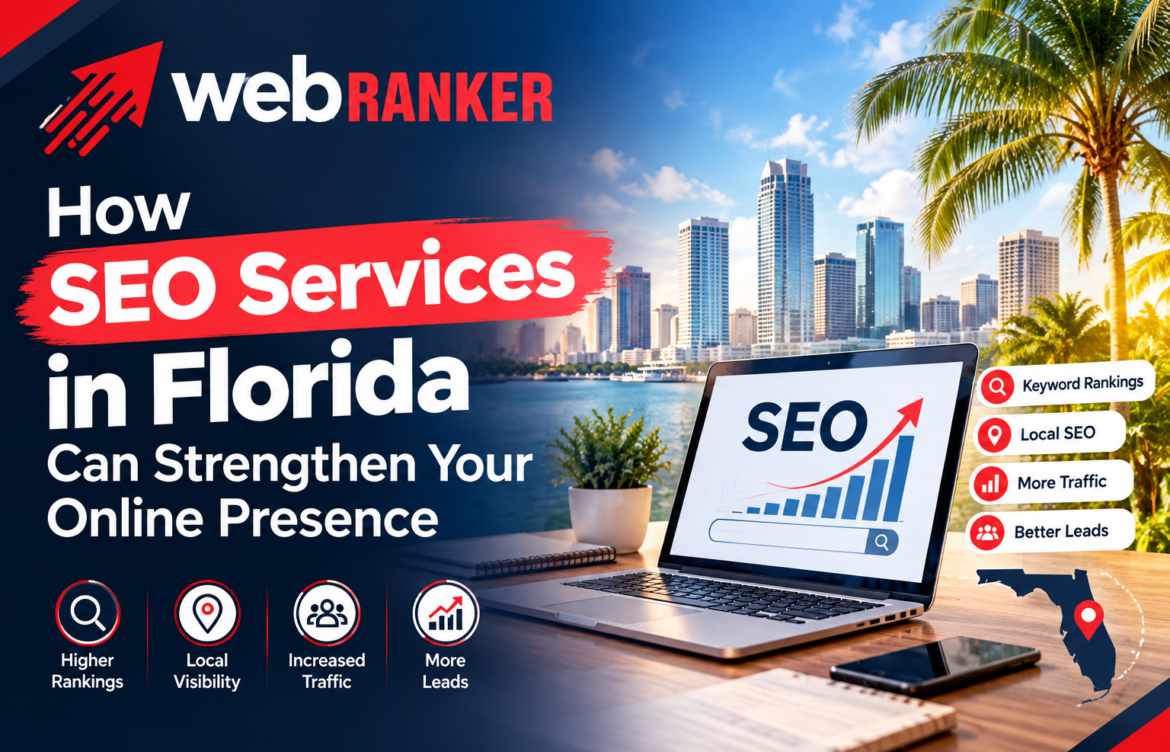 Banner promoting WebRanker: How SEO Services in Florida strengthen online presence, with skyline and laptop showing SEO graph.