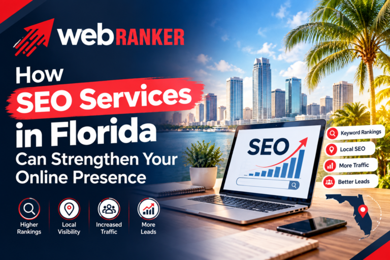 Banner promoting WebRanker: How SEO Services in Florida strengthen online presence, with skyline and laptop showing SEO graph.
