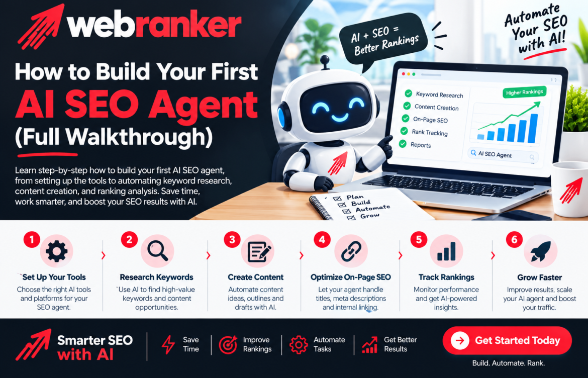 Hero banner for Webranker AI SEO Agent guide: a friendly robot beside a laptop with a rankings chart and six-step process icons.