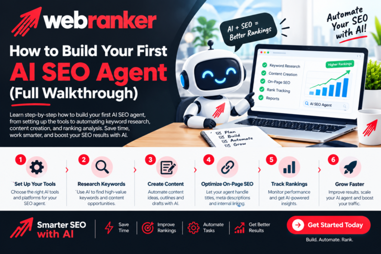 Hero banner for Webranker AI SEO Agent guide: a friendly robot beside a laptop with a rankings chart and six-step process icons.