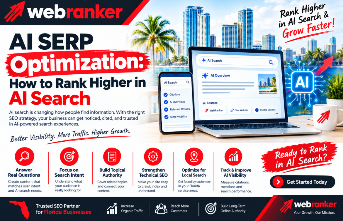 WebRanker marketing banner about AI SERP Optimization with a city skyline, palm trees, and a laptop and phone displaying AI search interfaces.