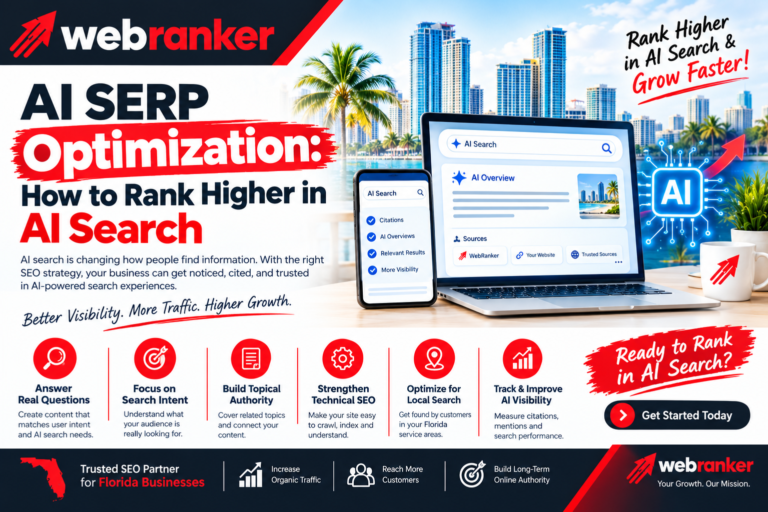 WebRanker marketing banner about AI SERP Optimization with a city skyline, palm trees, and a laptop and phone displaying AI search interfaces.
