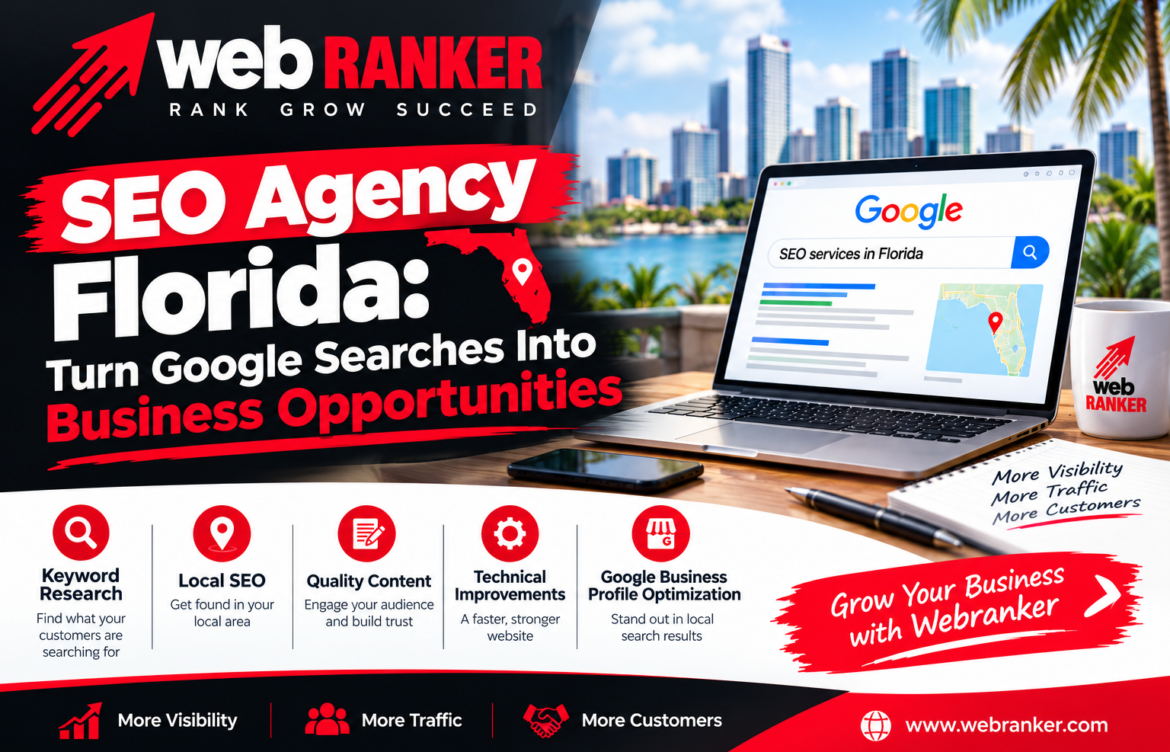 Hero banner for WebRanker SEO Agency Florida: bold headline and red brushstroke with 'SEO Agency Florida' beside a laptop against a cityscape; promotes growth and opportunities.