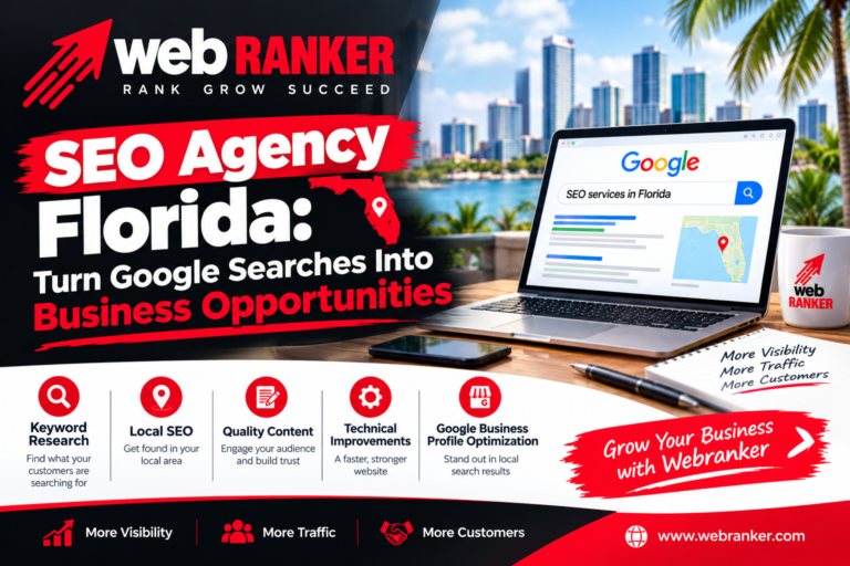Hero banner for WebRanker SEO Agency Florida: bold headline and red brushstroke with 'SEO Agency Florida' beside a laptop against a cityscape; promotes growth and opportunities.