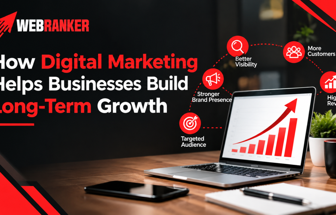 Hero banner with WebRanker logo and bold headline: 'How Digital Marketing Helps Businesses Build Long-Term Growth' alongside a laptop showing a rising chart and connected red icons representing growth metrics.