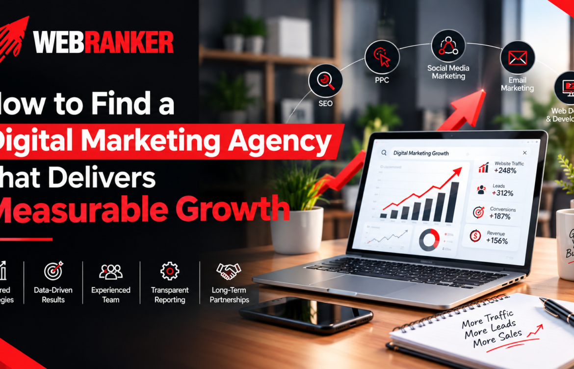Marketing agency banner promoting measurable growth with a laptop showing growth charts and icons for SEO, PPC, social media, and more.