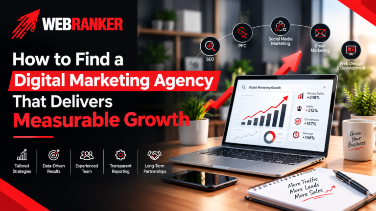 Marketing agency banner promoting measurable growth with a laptop showing growth charts and icons for SEO, PPC, social media, and more.