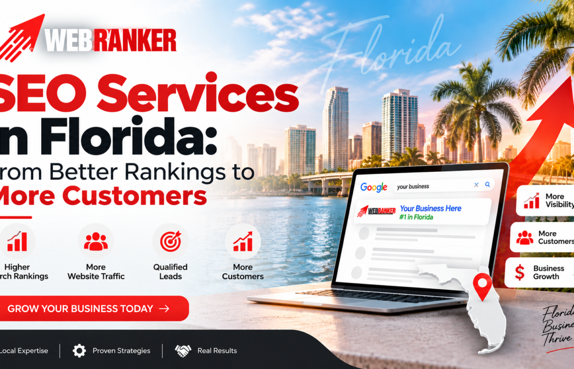 WebRanker Florida SEO Services banner with city skyline, palm trees, and a laptop showing search results promoting business growth.