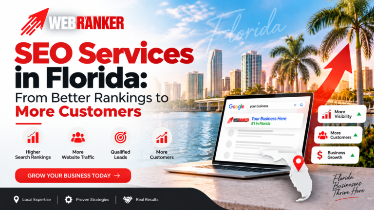 WebRanker Florida SEO Services banner with city skyline, palm trees, and a laptop showing search results promoting business growth.