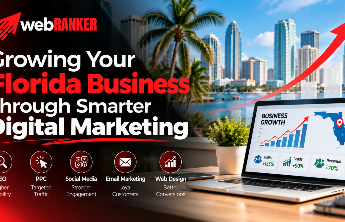 Banner for WebRanker: Growing Florida business through smarter digital marketing with a city skyline, palm trees, and a laptop showing growth charts.