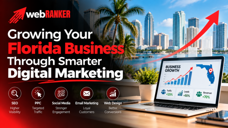 Banner for WebRanker: Growing Florida business through smarter digital marketing with a city skyline, palm trees, and a laptop showing growth charts.